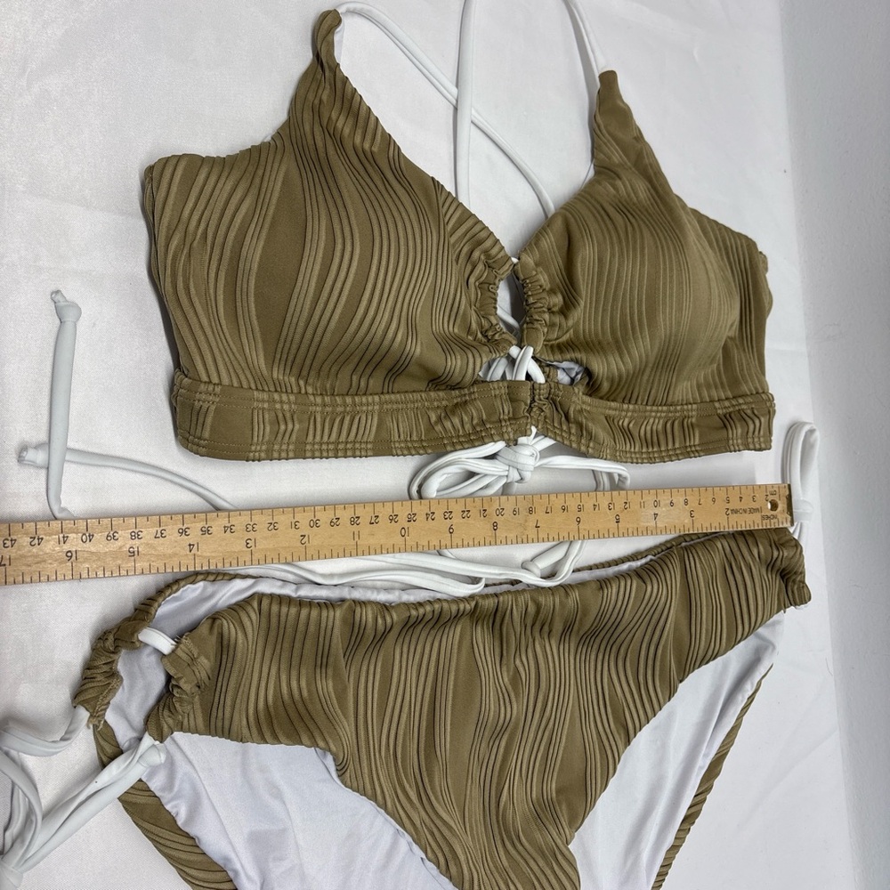 Brown Bikini Set two piece swimsuit size XXL (2XL)White Strims ribbed cross - Picture 6 of 7